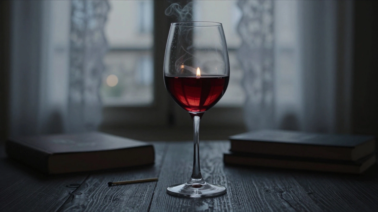 A Bordeaux wine glass reflecting candlelight, surrounded by subtle hints of books and a window.