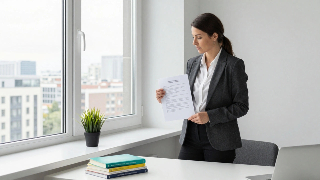 A professional woman in Berlin holding a contract, books and plant on desk, natural daylight.