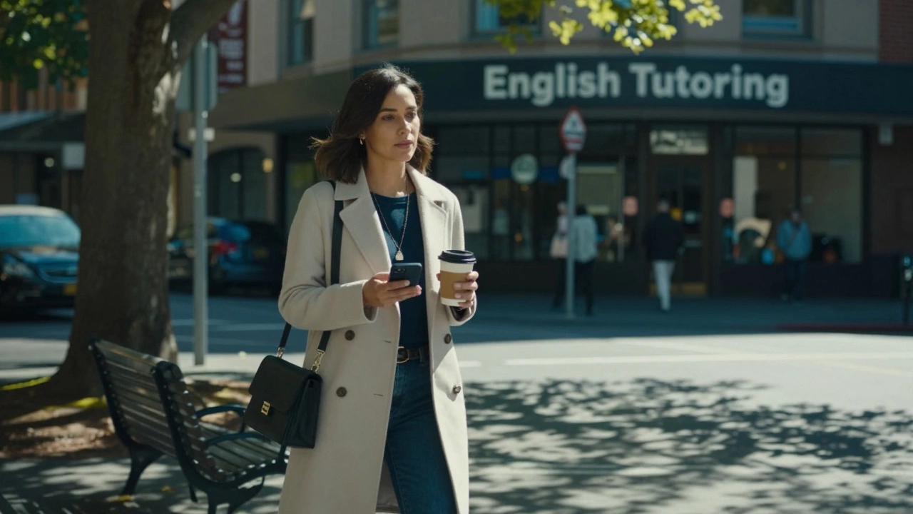 A woman walking in a Sydney park, holding coffee, calm and observant under dappled sunlight.