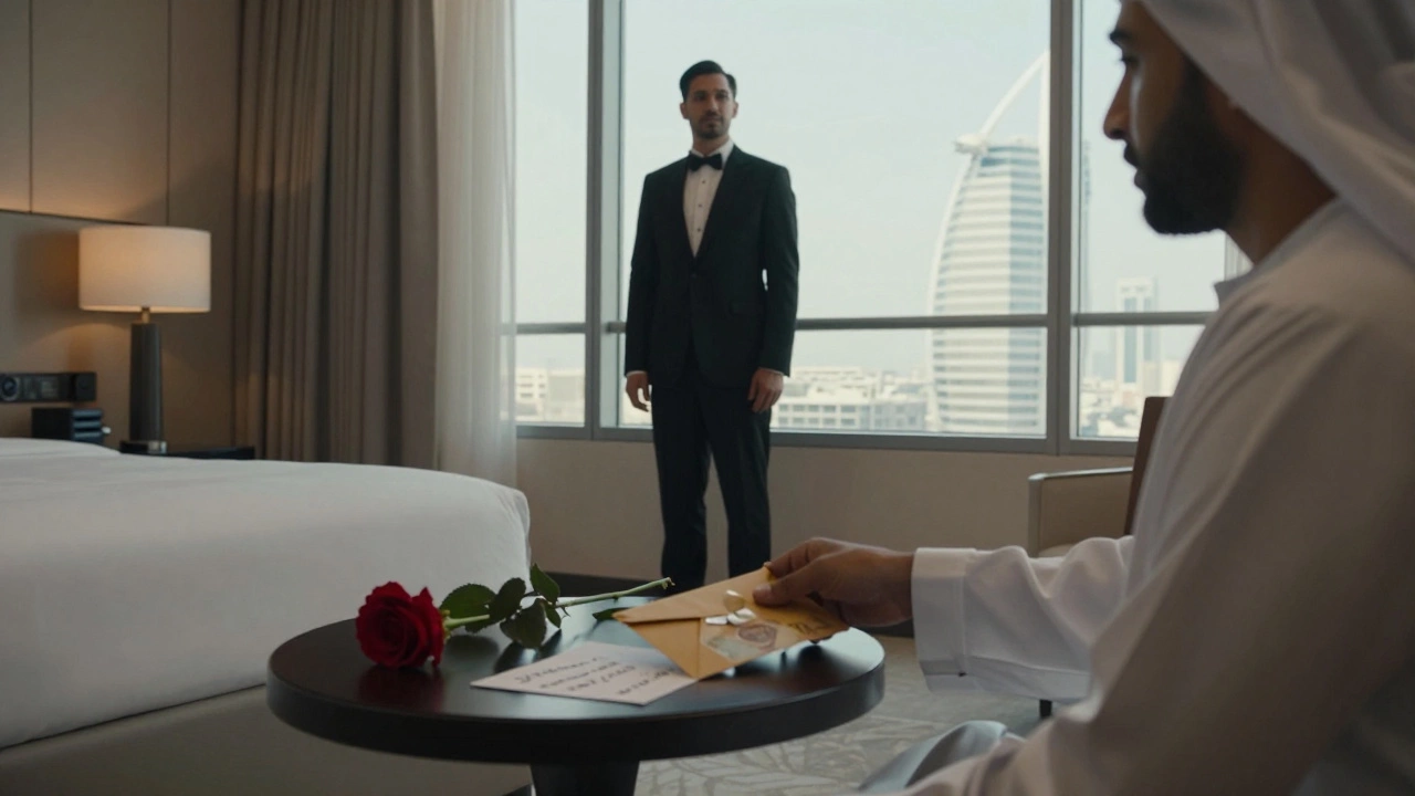 An escort standing peacefully by a hotel window as a client leaves cash and a rose on the table.