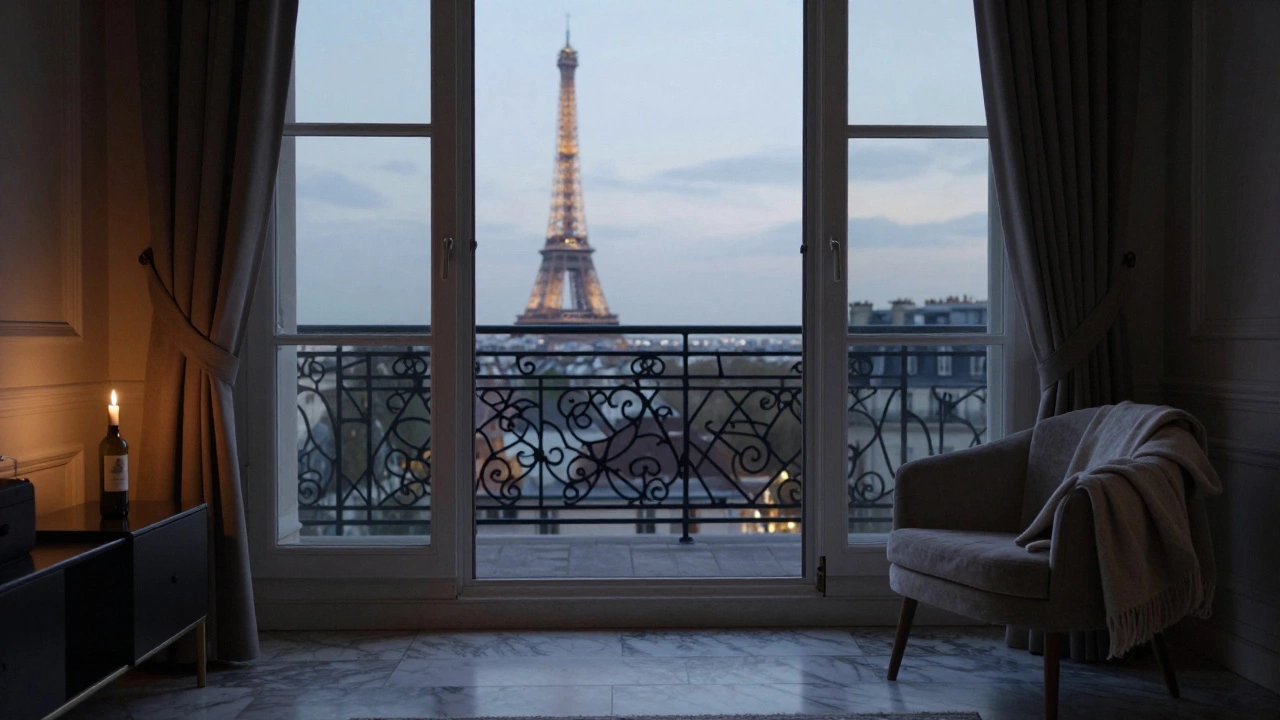 View from a Paris window showing the Eiffel Tower at night, with a candle and wine glass in the foreground.